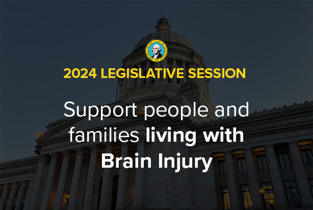 A watermarked image of the capitol building in Olympia with text overlayed that says "2024 Legislative Session: Support people and families living with Brain Injury."